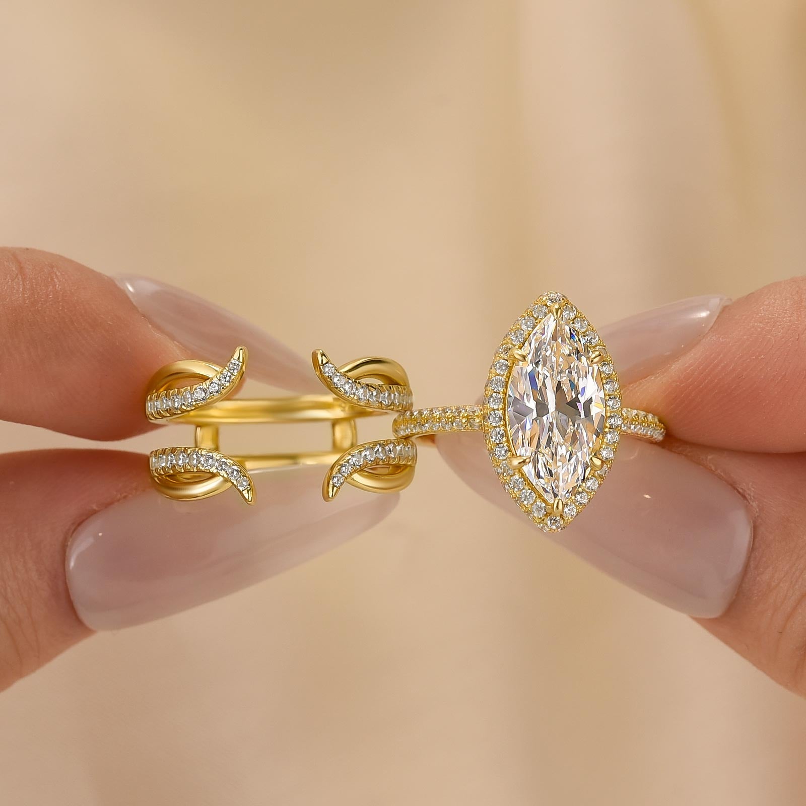 HNJ Jewels Unique 2PC 3.0Ct Halo Marquise Cut Wedding Ring Set with Jacket Wedding Band