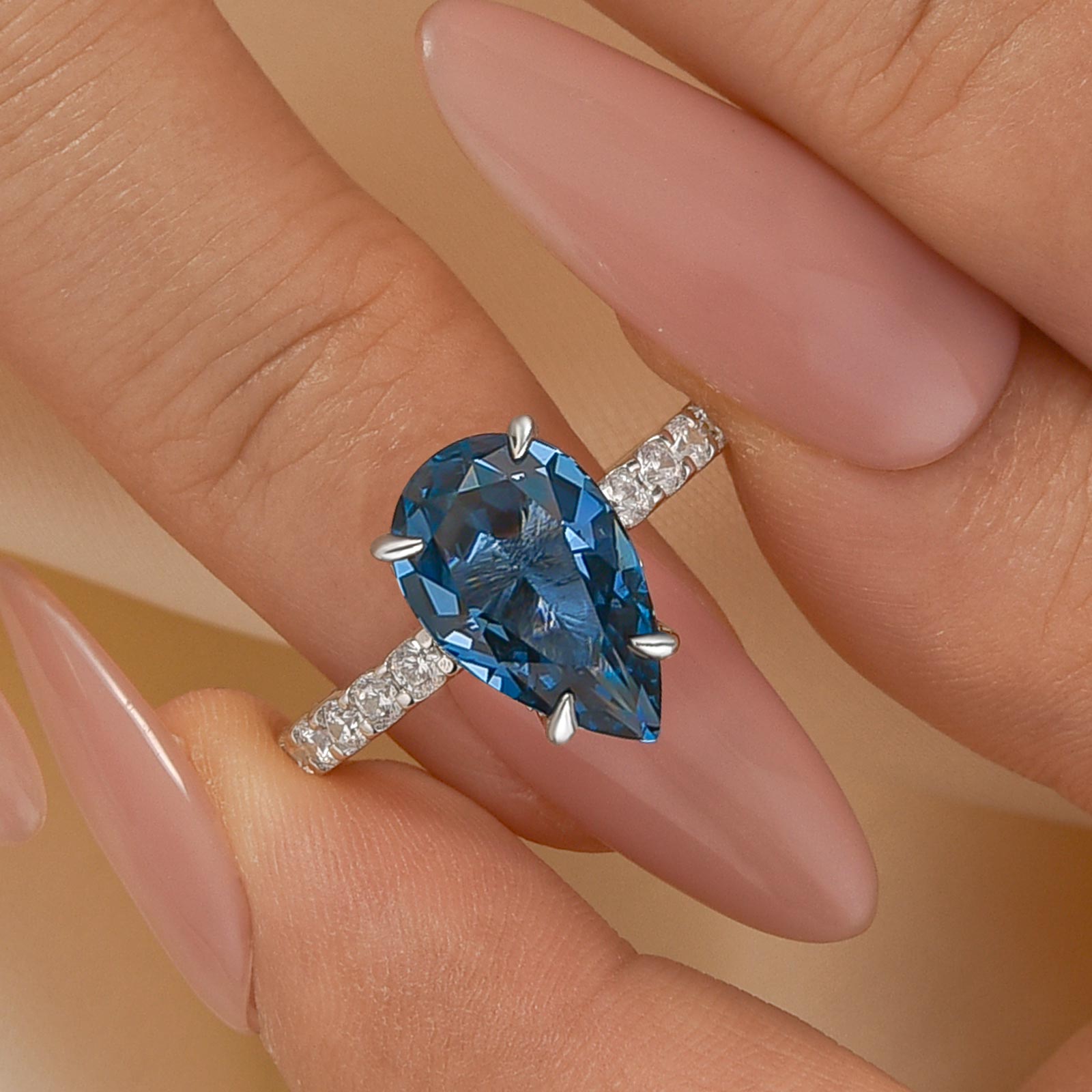HNJ Jewels Unique 3.0 Carat Pear Cut Blue Sapphire Engagement Ring In Sterling Silver