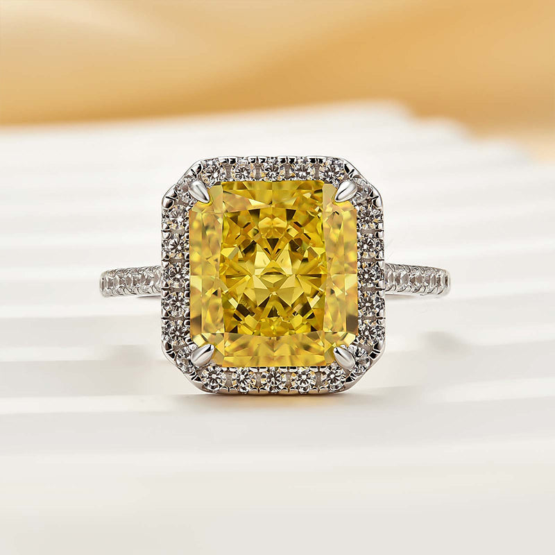 HNJ Jewels Halo Yellow Stone 5.0Ct Radiant Cut Engagement Ring In Sterling Silver
