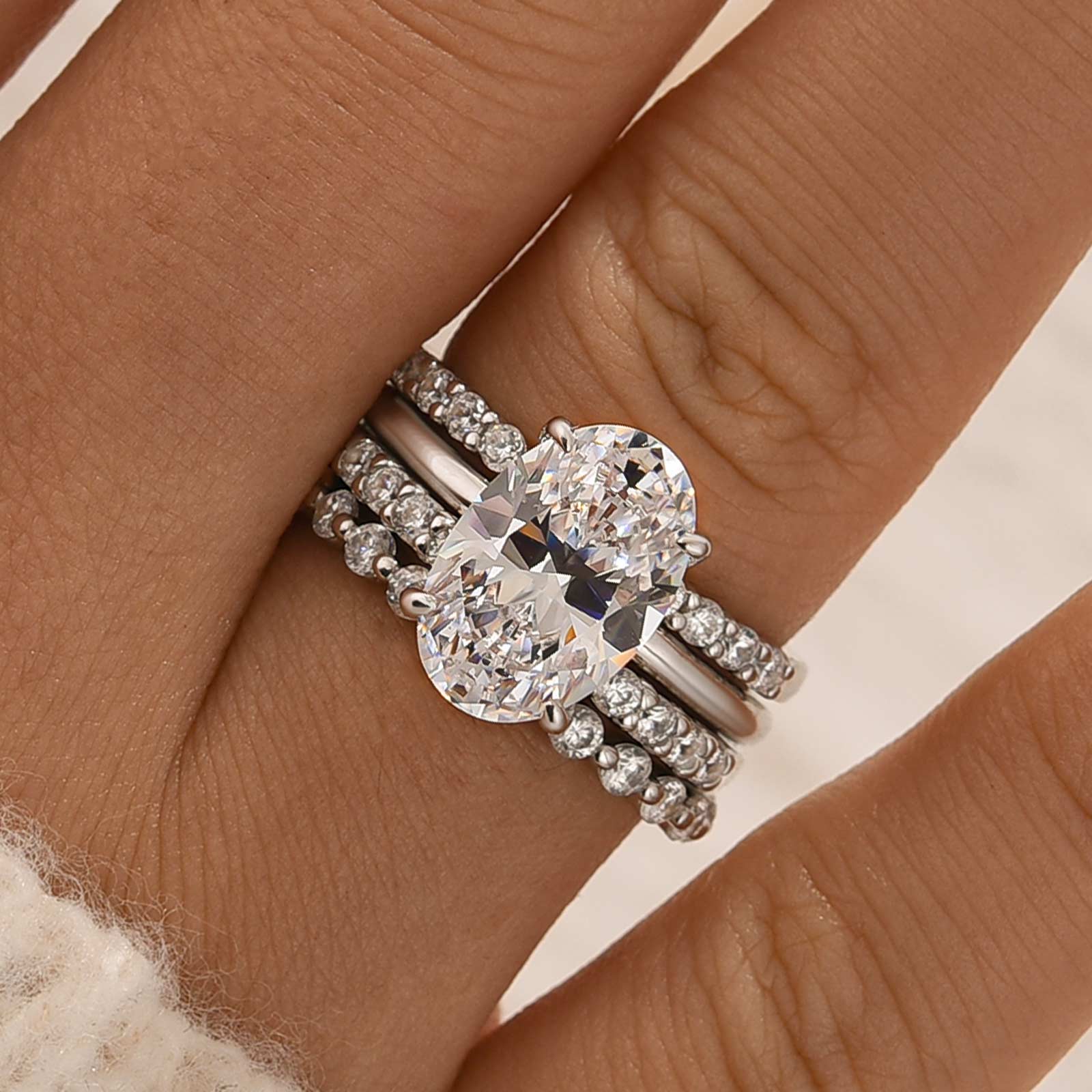 HNJ Jewels 4PC Oval Cut Wedding Ring Set With Open Wedding Band