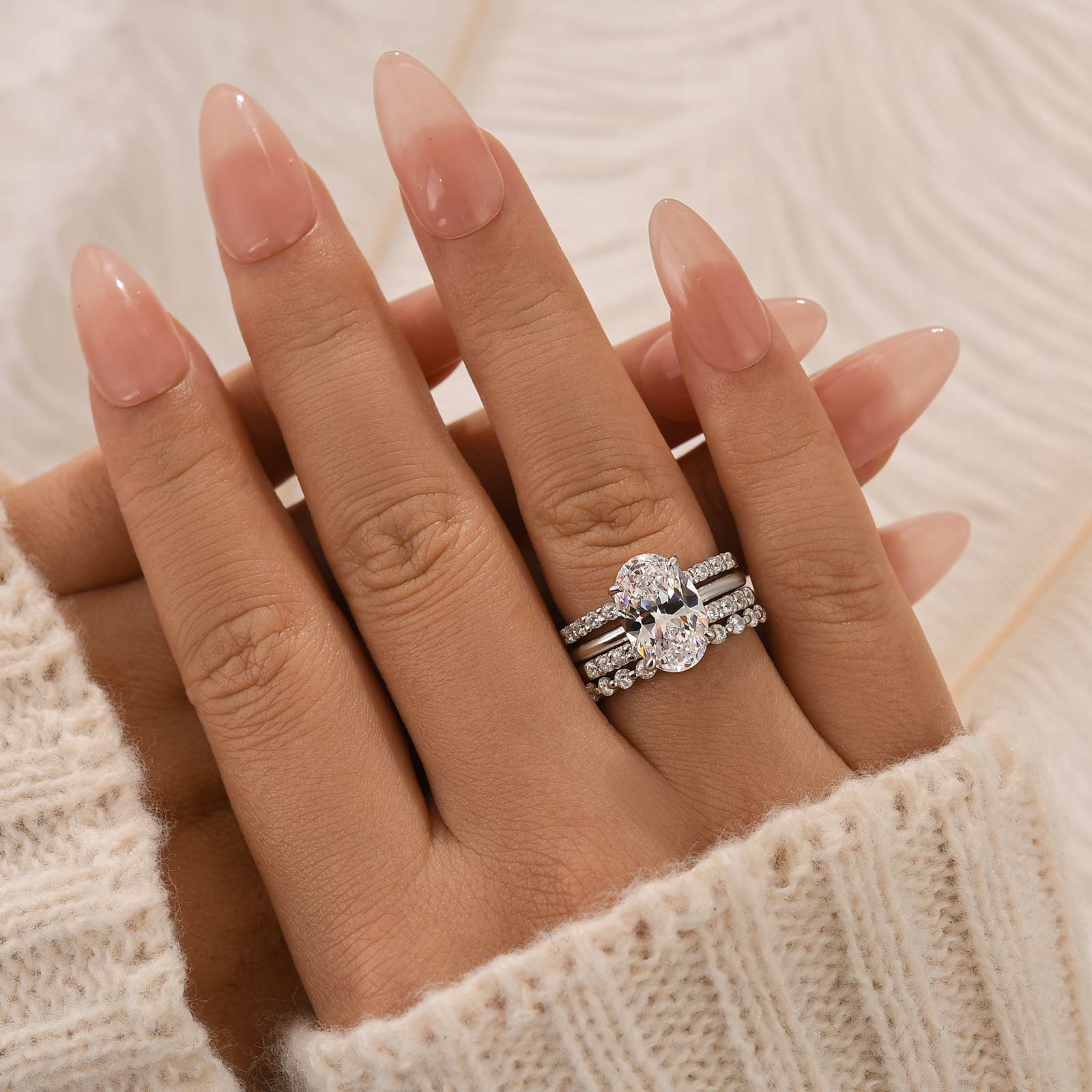 HNJ Jewels 4PC Oval Cut Wedding Ring Set With Open Wedding Band