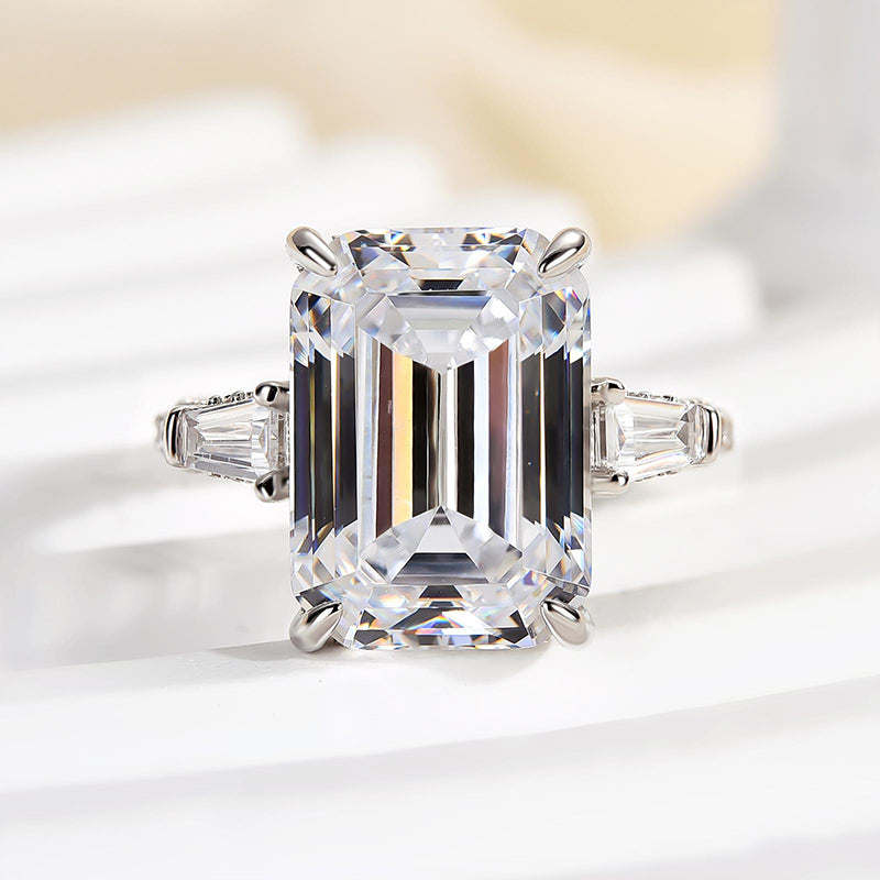 HNJ Jewels Unique Emerald Cut Three Stone Engagement Ring In Sterling Silver
