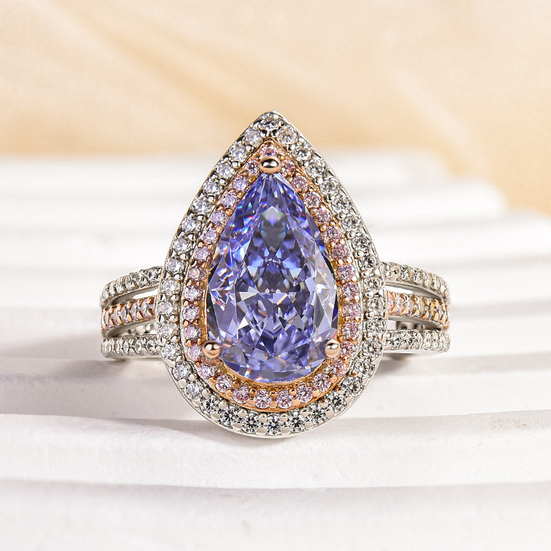 HNJ Jewels Luxurious Double Halo Pear Cut Aquamarine Blue Engagement Ring In Sterling Silver