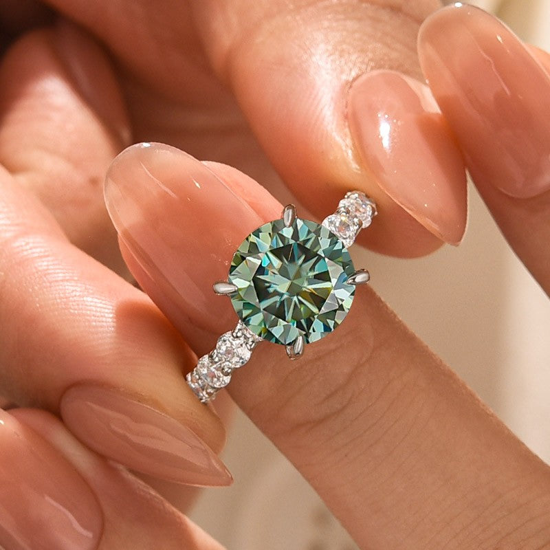 Moissanite 4.0Ct Green Round Cut White Gold Engagement Ring In Sterling Silver