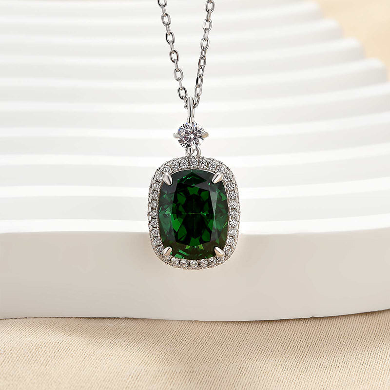 HNJ Jewels Halo Emerald Green Cushion Cut Pendant Necklace