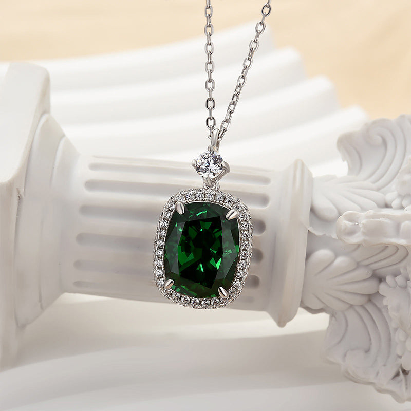 HNJ Jewels Halo Emerald Green Cushion Cut Pendant Necklace