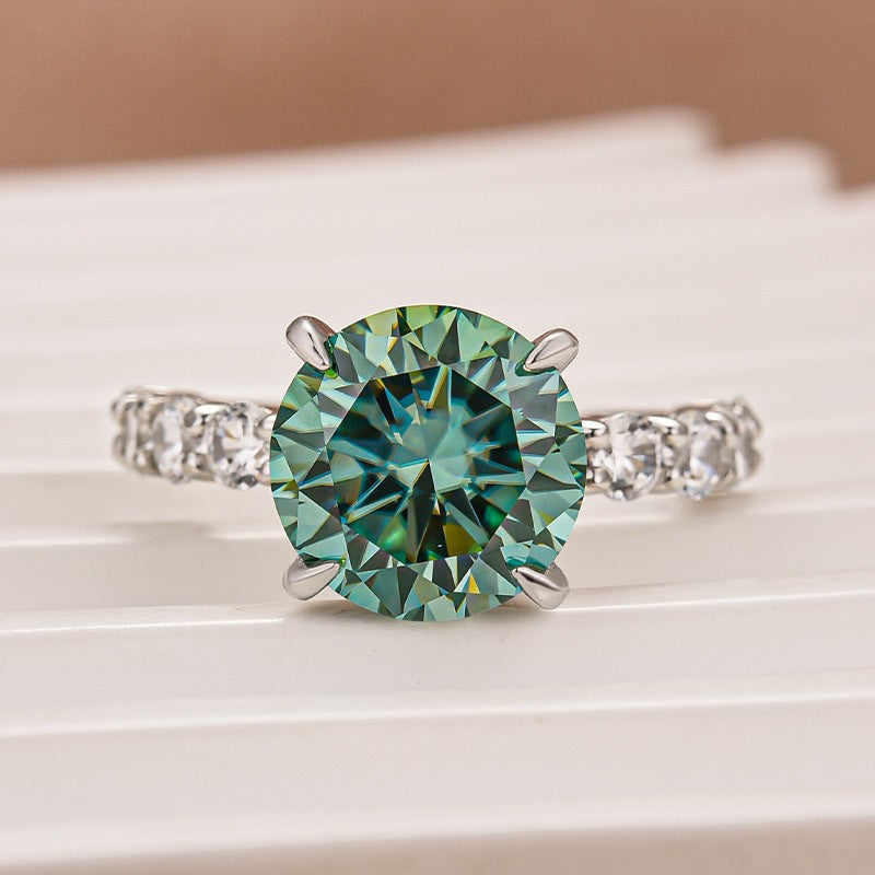 Moissanite 4.0Ct Green Round Cut White Gold Engagement Ring In Sterling Silver