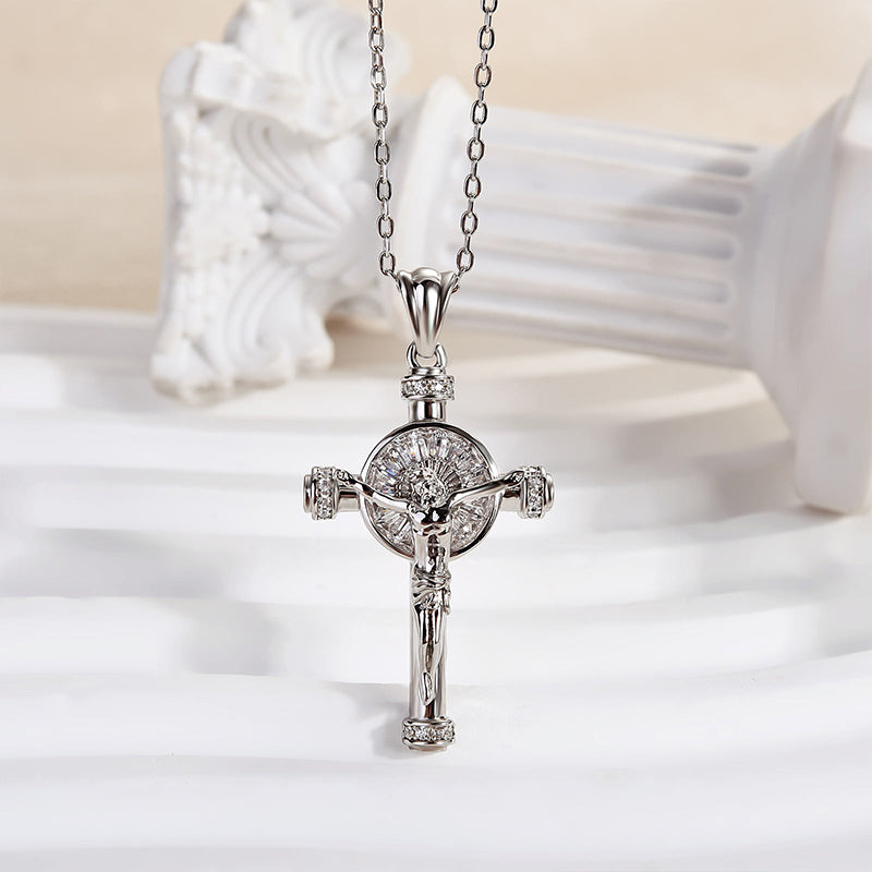 HNJ Jewels White Gold Cross Design Pendant Necklace In Sterling Silver