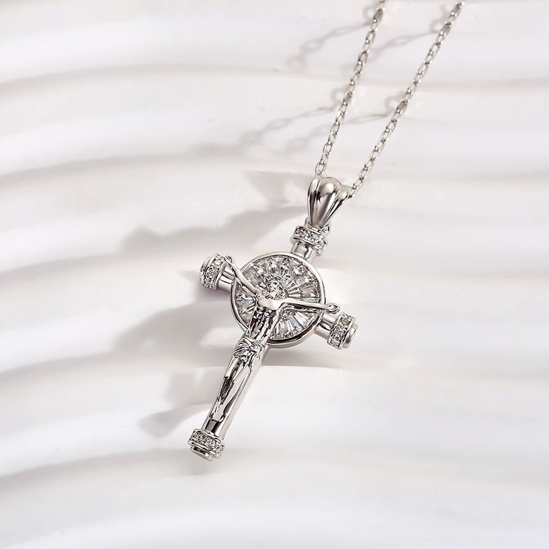 HNJ Jewels White Gold Cross Design Pendant Necklace In Sterling Silver