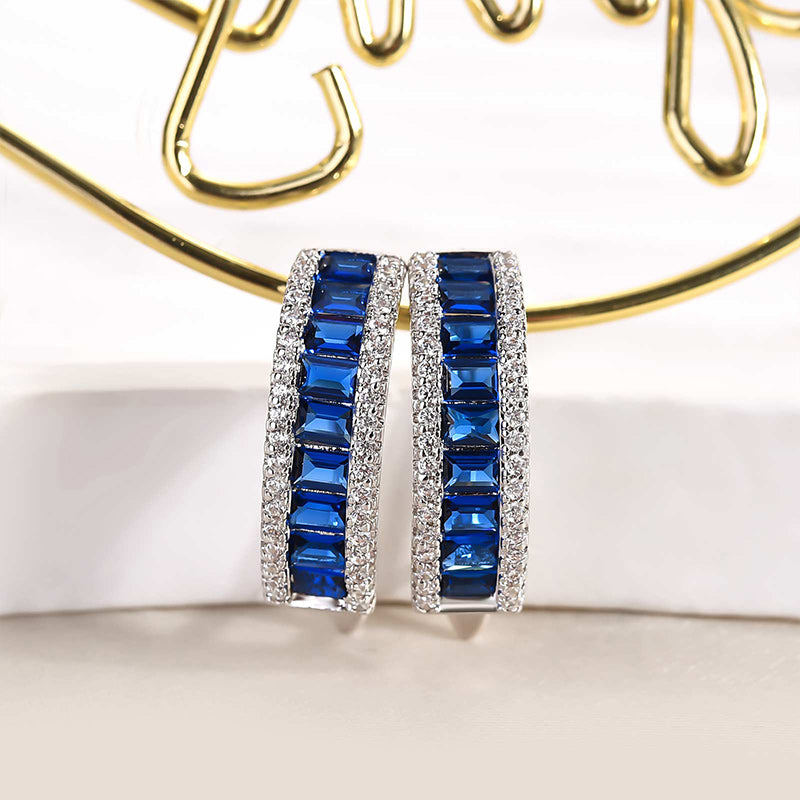 HNJ Jewels Unique Blue Sapphire Emerald Cut Earrings In Sterling Silver