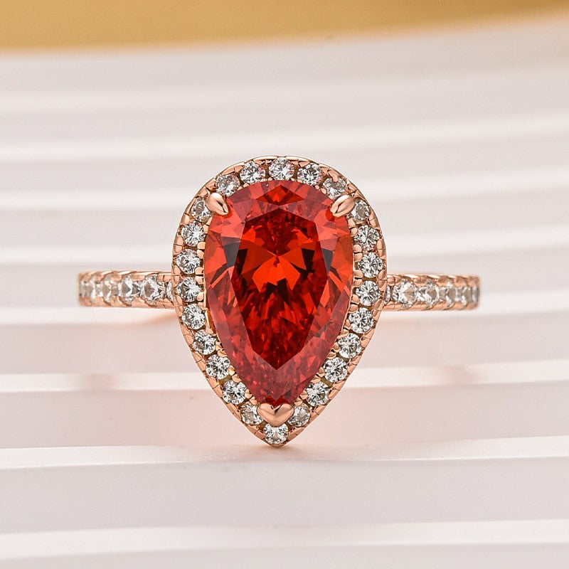 2.2 Carat Simulated Diamond Pear Cut Red Stone Halo Engagement Ring
