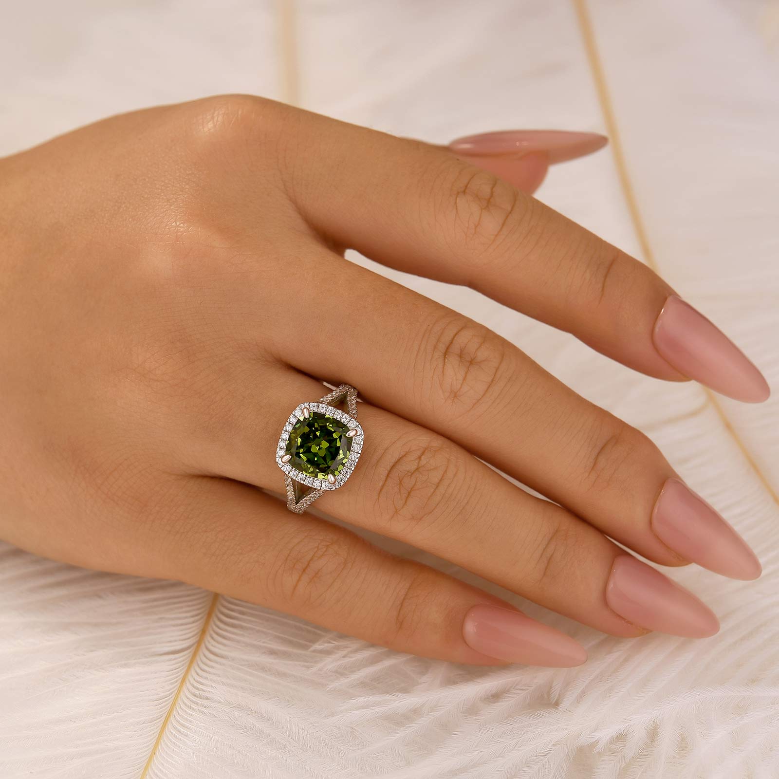 HNJ Jewels Vintage Green Stone Split Shank Cushion Cut Engagement Ring