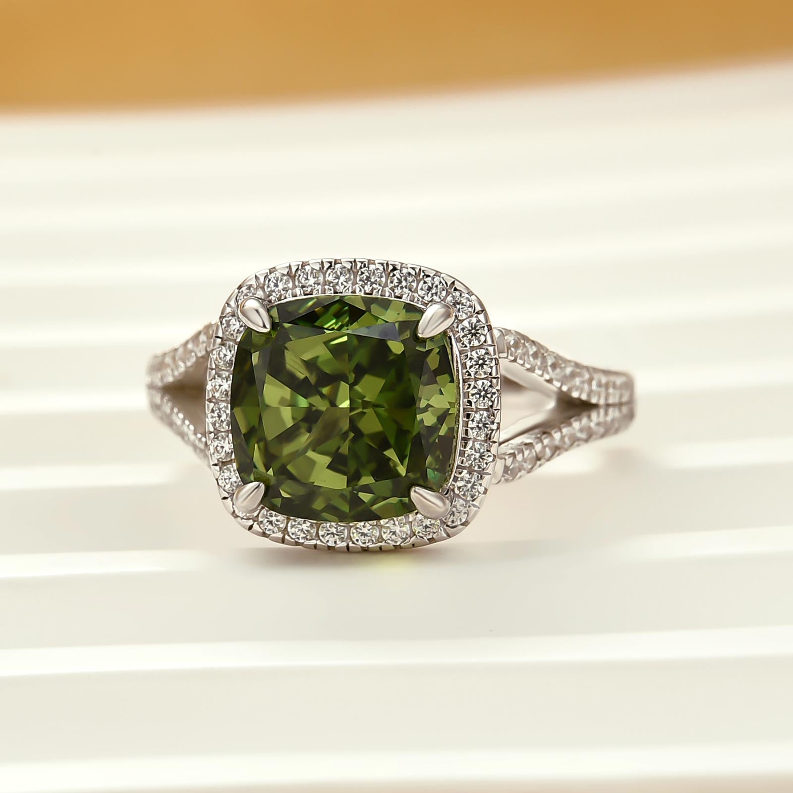 HNJ Jewels Vintage Green Stone Split Shank Cushion Cut Engagement Ring
