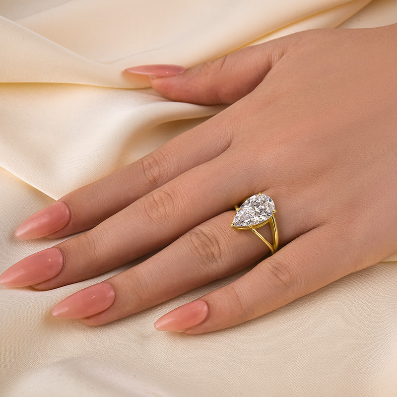 HNJ Jewels Yellow Gold Split Shank Pear Cut Engagement Ring In Sterling Silver