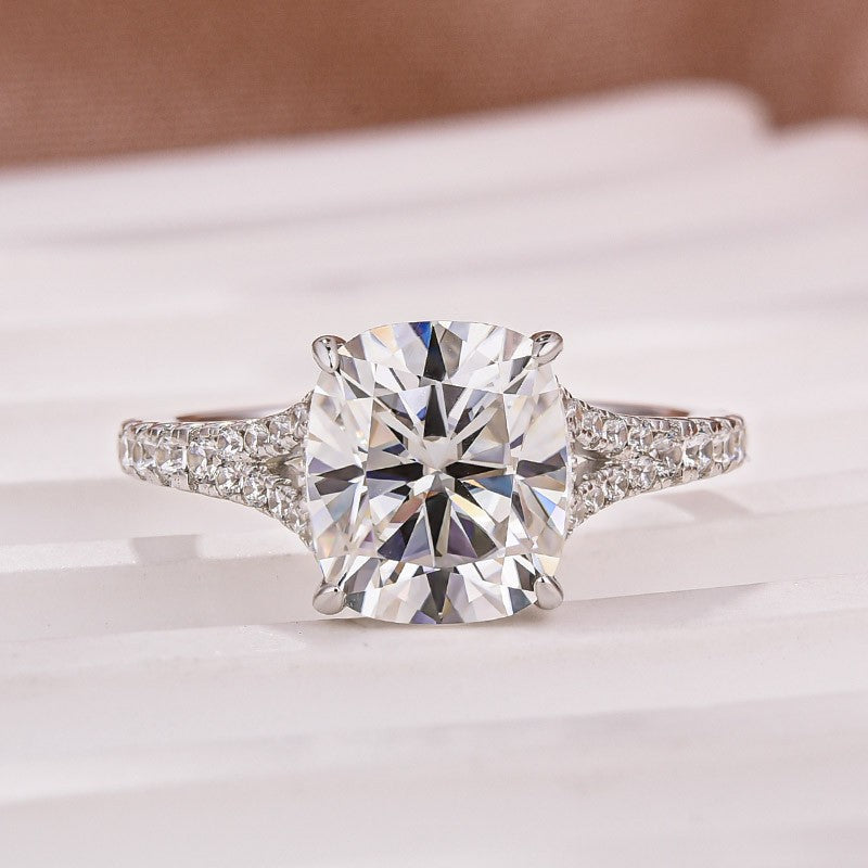 Moissanite 3.5Ct Cushion Cut Split Shank White Gold Engagement Ring