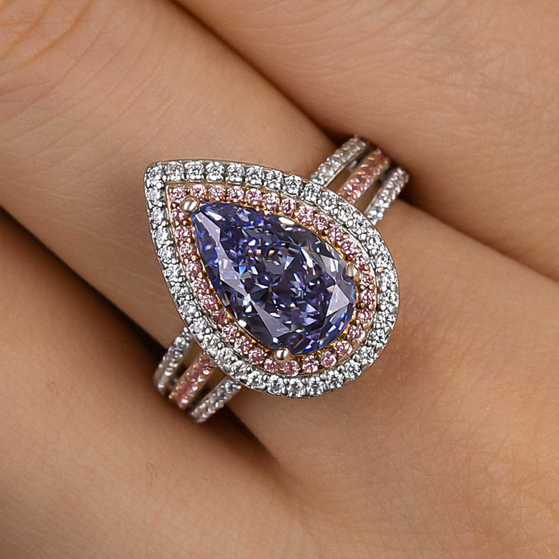 HNJ Jewels Luxurious Double Halo Pear Cut Aquamarine Blue Engagement Ring In Sterling Silver