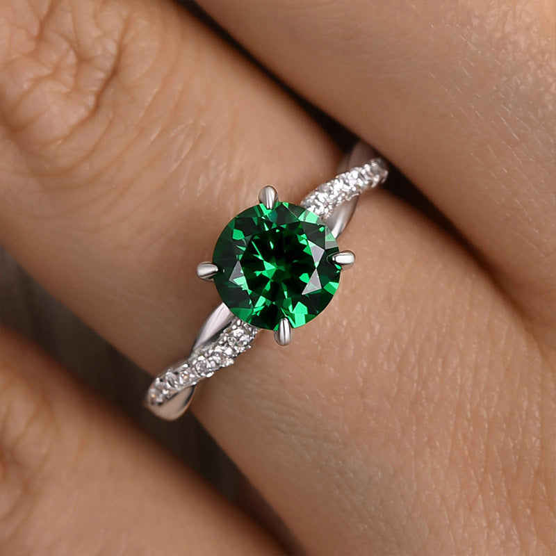 HNJ Jewels Twist Round Cut Emerald Green Engagement Ring In Sterling Silver