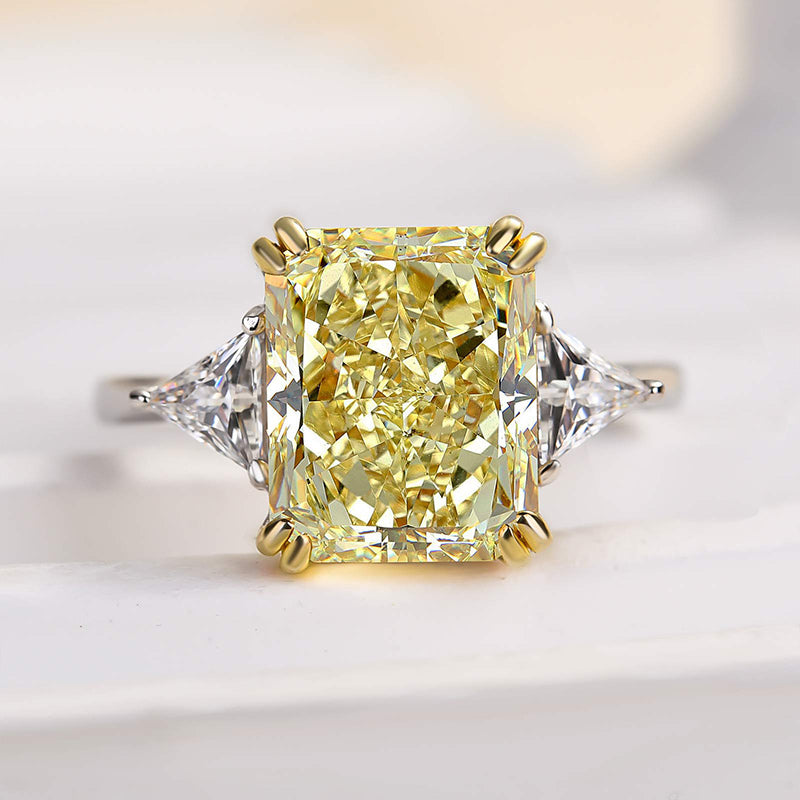 HNJ Jewels Yellow Stone Radiant & Triangle Cut Three Stone Engagement Ring In Sterling Silver