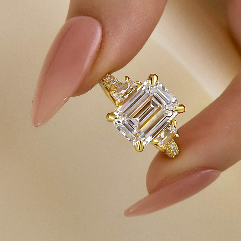 HNJ Jewels Stunning Emerald Cut Three Stone Engagement Ring In Sterling Silver