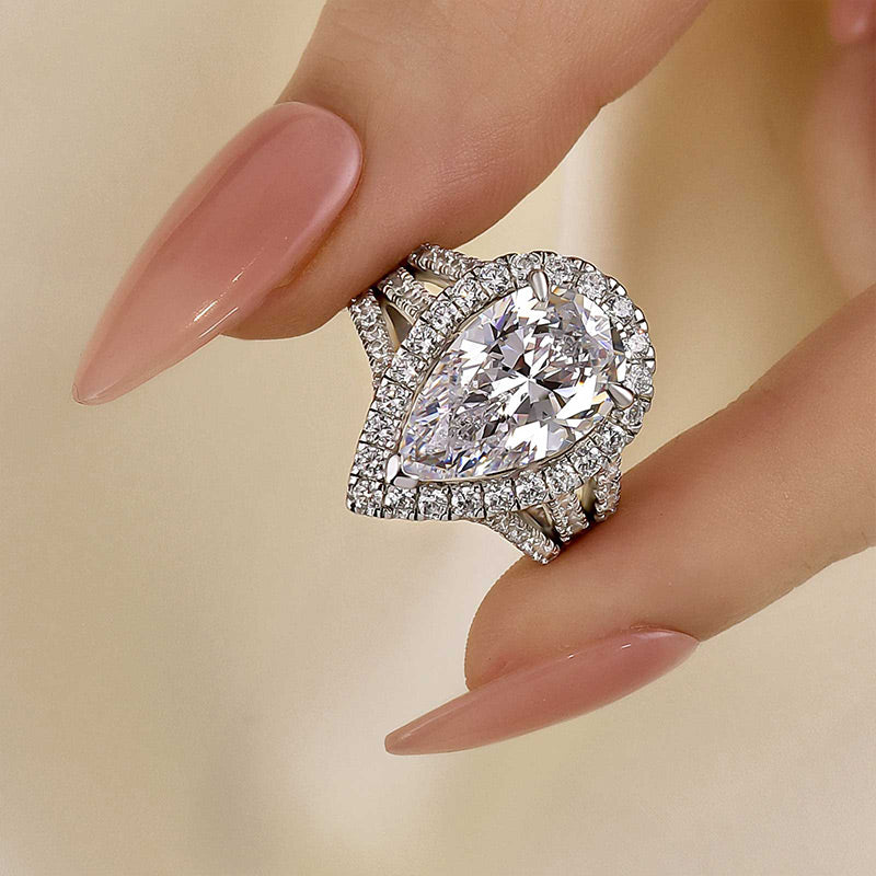 HNJ Jewels Vintage Split Shank Halo Pear Cut Engagement Ring In Sterling Silver