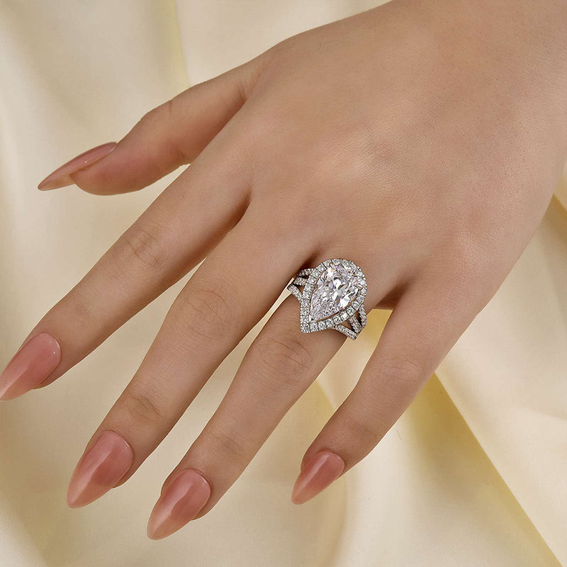 HNJ Jewels Vintage Split Shank Halo Pear Cut Engagement Ring In Sterling Silver