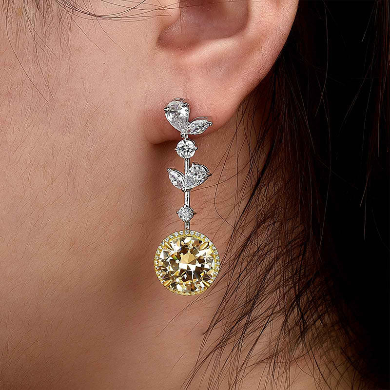 HNJ Jewels Luxurious Two-tone Yellow Stone Round Cut Drop Earrings