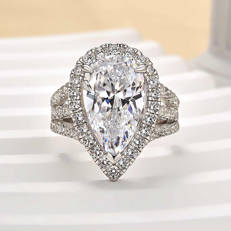 HNJ Jewels Vintage Split Shank Halo Pear Cut Engagement Ring In Sterling Silver
