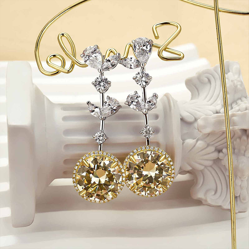 HNJ Jewels Luxurious Two-tone Yellow Stone Round Cut Drop Earrings