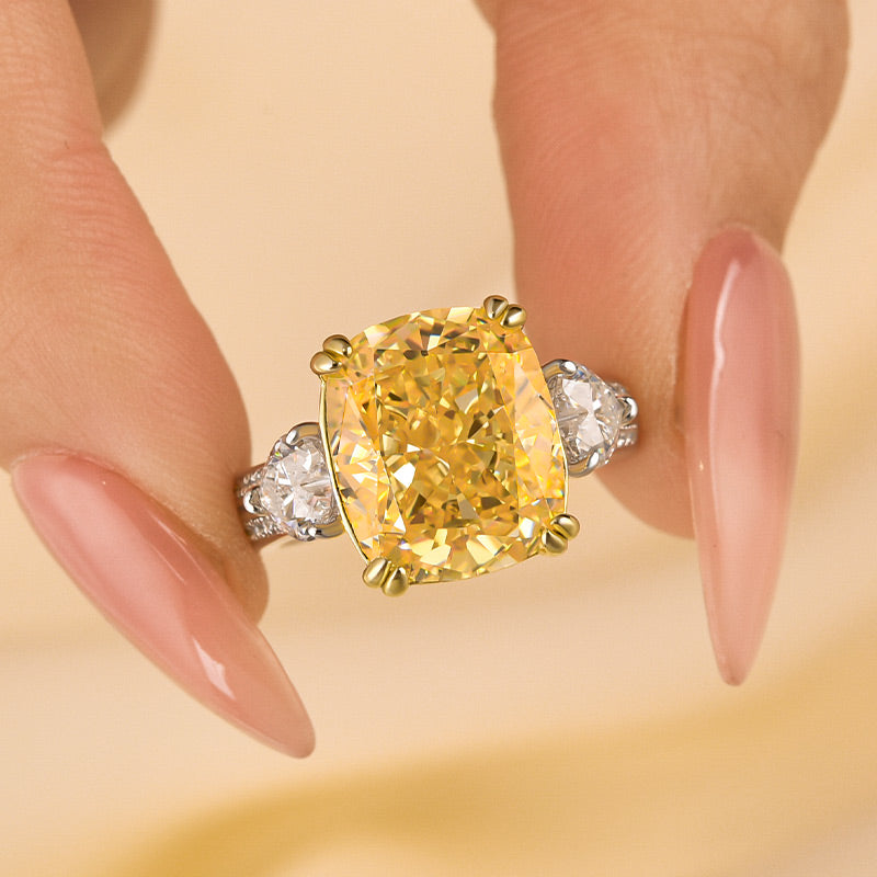 HNJ Jewels Romantic Yellow Stone Cushion Cut Three Stone Engagement Ring