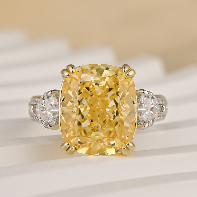 HNJ Jewels Romantic Yellow Stone Cushion Cut Three Stone Engagement Ring