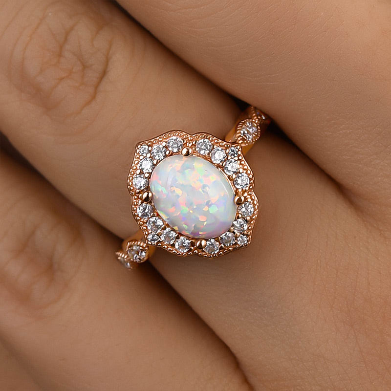 HNJ Jewels Vintage Rose Gold Oval Cut Opal Engagement Ring In Sterling Silver