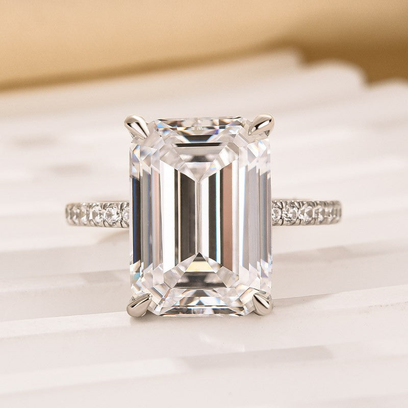 10Ct Emerald Cut Engagement Ring With Hidden Halo In Sterling Silver