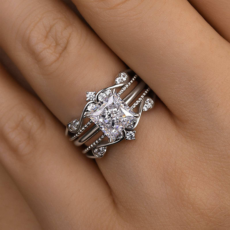 HNJ Jewels Noble Crown Design Square Princess Cut Insert Wedding Ring Set