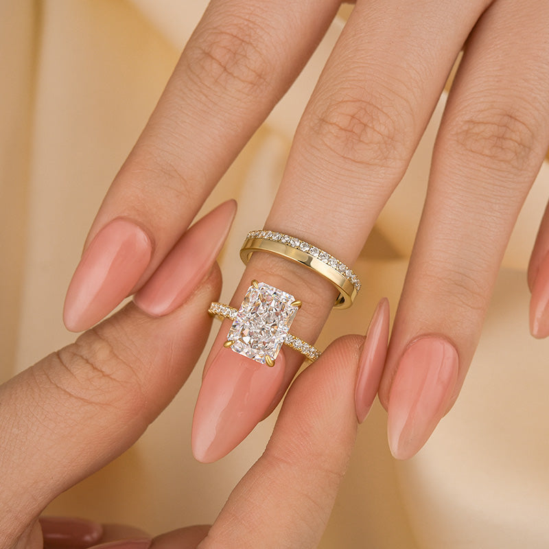 Yellow Gold 4.5Ct Radiant Cut Wedding Ring Set With Wide Wedding Band