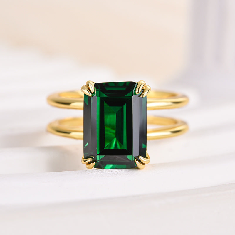 HNJ Jewels Unique Design Yellow Gold Emerald Cut Engagement Ring In Sterling Silver
