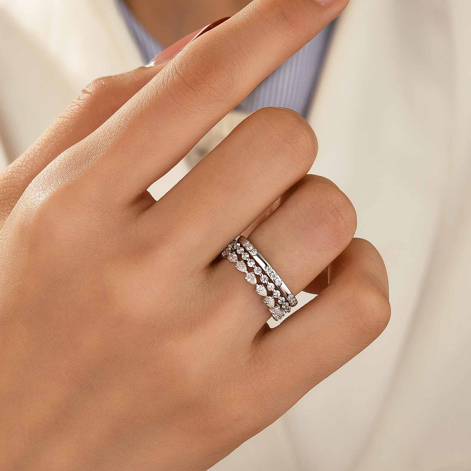 Moissanite 3PC Round Cut& Pear Cut Wedding Band Set For Women In Sterling Silver