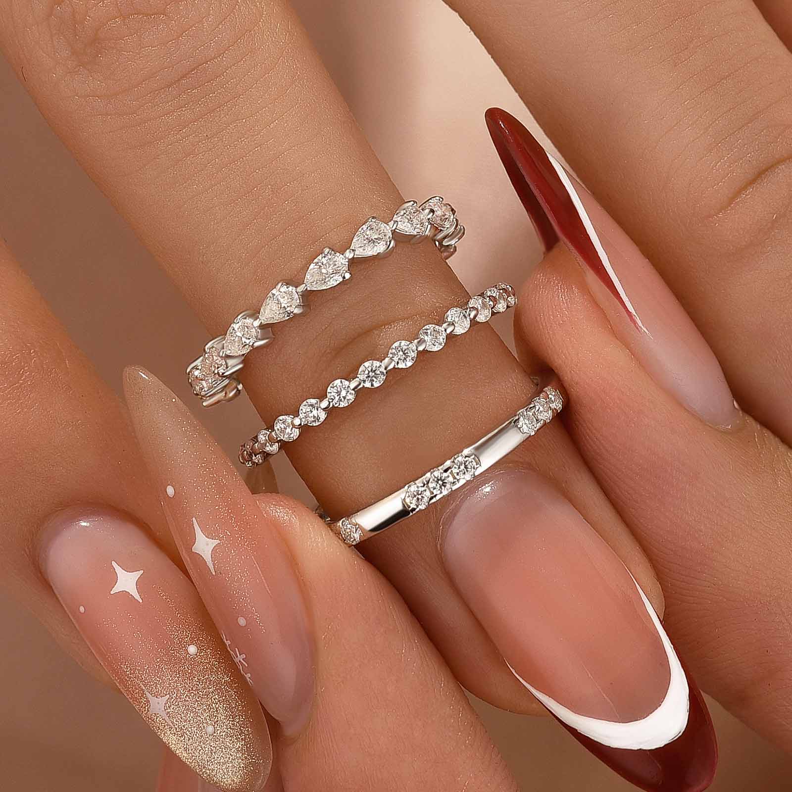 Moissanite 3PC Round Cut& Pear Cut Wedding Band Set For Women In Sterling Silver