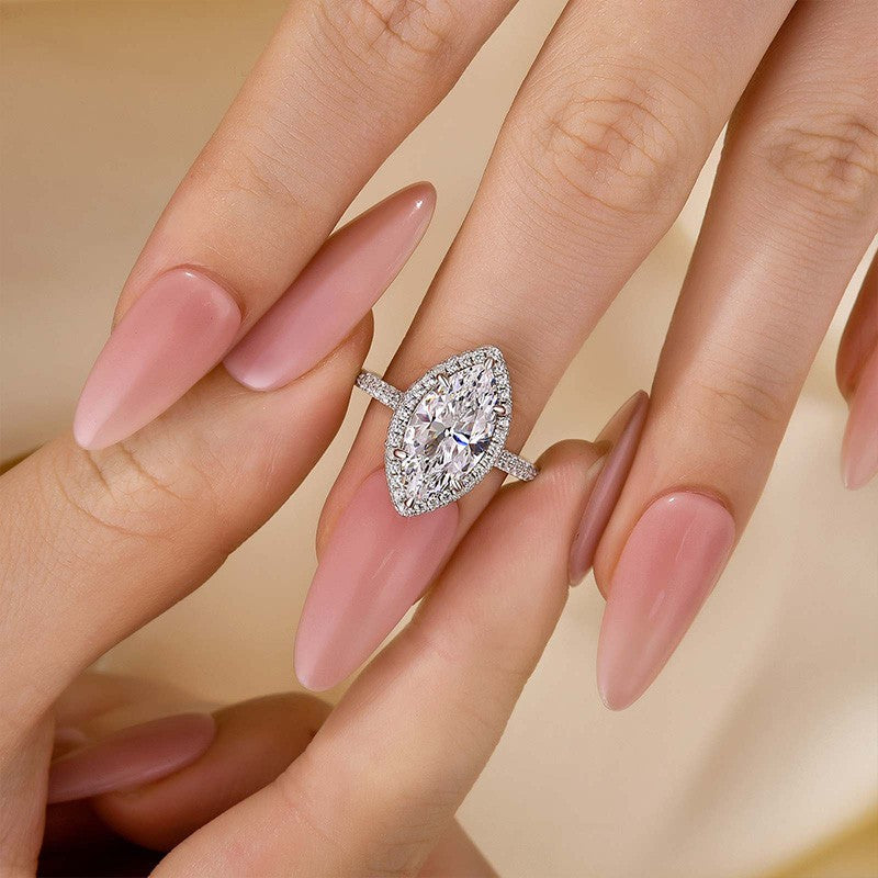 Unique 3.0Ct Halo Marquise Cut Engagement Ring In Sterling Silver