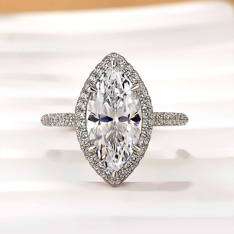 Unique 3.0Ct Halo Marquise Cut Engagement Ring In Sterling Silver
