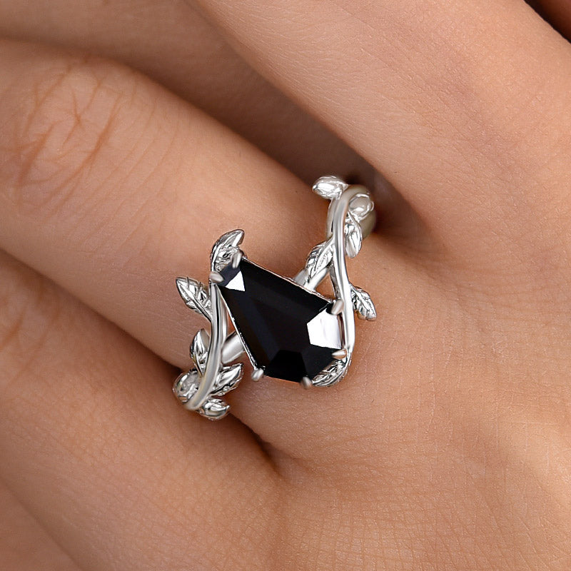 HNJ Jewels Unique Leaf Design Black Stone Coffin Cut Engagement Ring In Sterling Silver