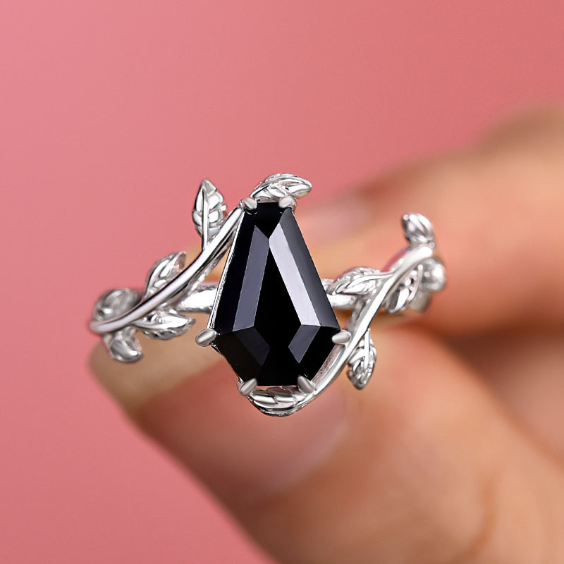 HNJ Jewels Unique Leaf Design Black Stone Coffin Cut Engagement Ring In Sterling Silver