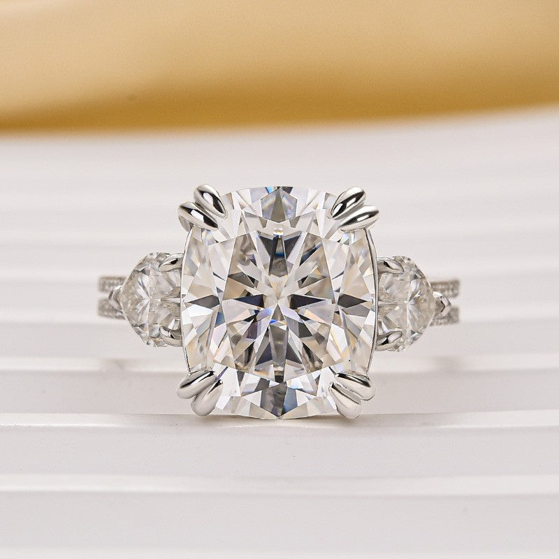 Moissanite 6.0Ct Cushion Cut Three Stone Engagement Ring In Sterling Silver