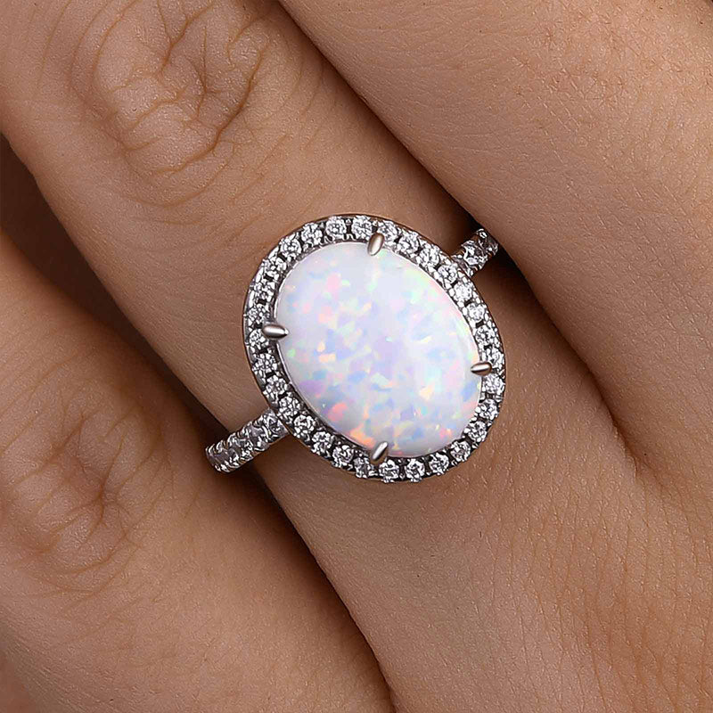 HNJ Jewels Unique Opal Stone Halo Oval Cut Engagement Ring