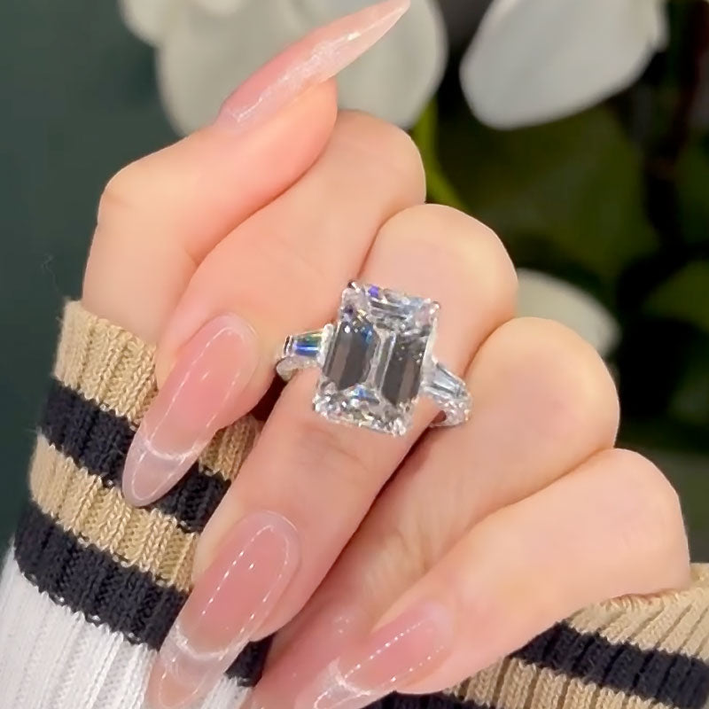 HNJ Jewels Unique Emerald Cut Three Stone Engagement Ring In Sterling Silver