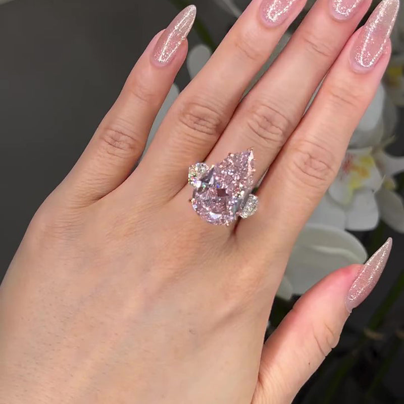 HNJ Jewels Lovely Pink Stone Pear Cut Three Stone Engagement Ring
