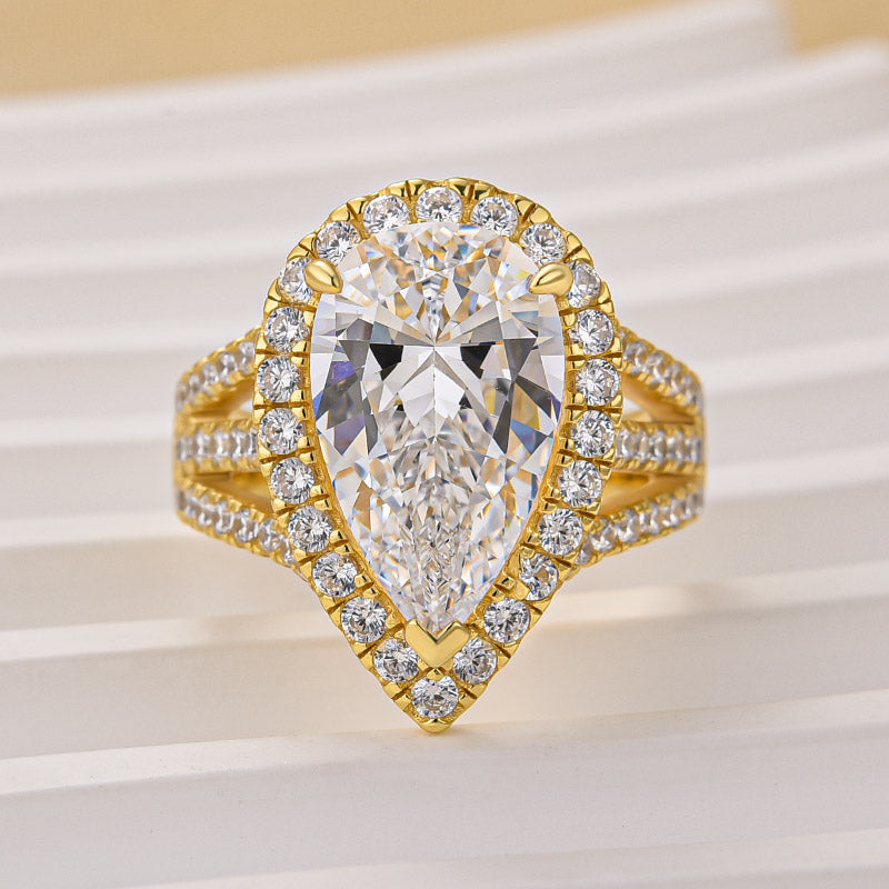 HNJ Jewels Vintage Split Shank Halo Pear Cut Engagement Ring In Sterling Silver