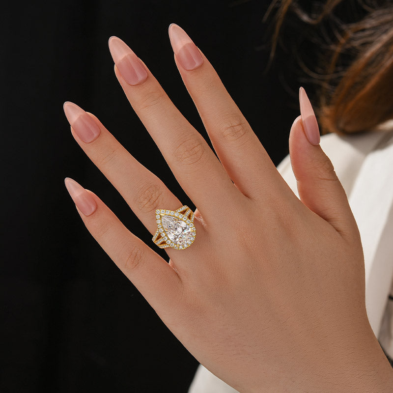 HNJ Jewels Vintage Split Shank Halo Pear Cut Engagement Ring In Sterling Silver