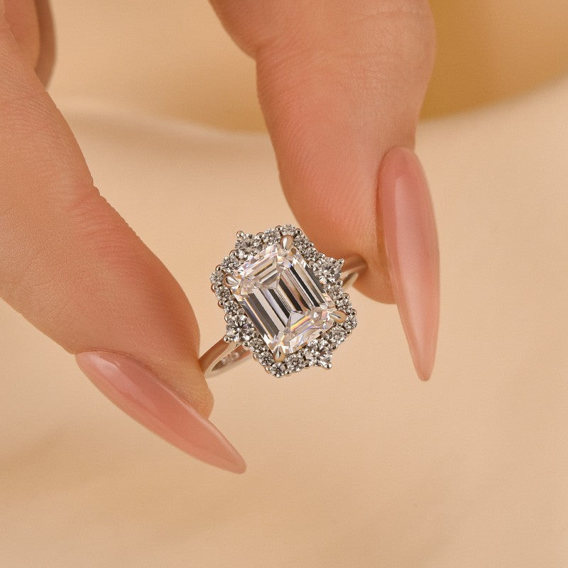 Vintage 3.0Ct Halo Emerald Cut White Stone Engagement Ring In Sterling Silver