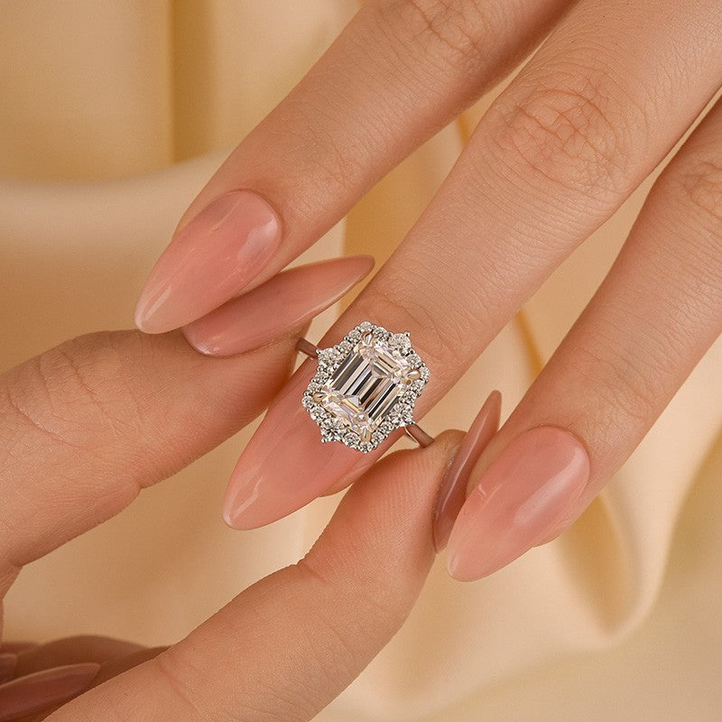 Vintage 3.0Ct Halo Emerald Cut White Stone Engagement Ring In Sterling Silver