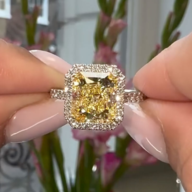 HNJ Jewels Halo Yellow Stone 5.0Ct Radiant Cut Engagement Ring In Sterling Silver